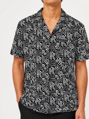 Rich & Rotten Men’s Black R Logo Print Short Sleeve Button-Up Shirt Size Small